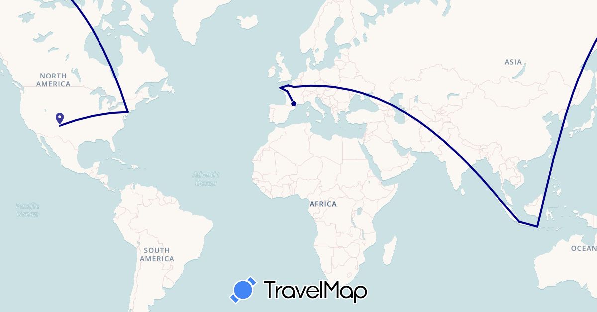 TravelMap itinerary: driving in France, Indonesia, United States (Asia, Europe, North America)